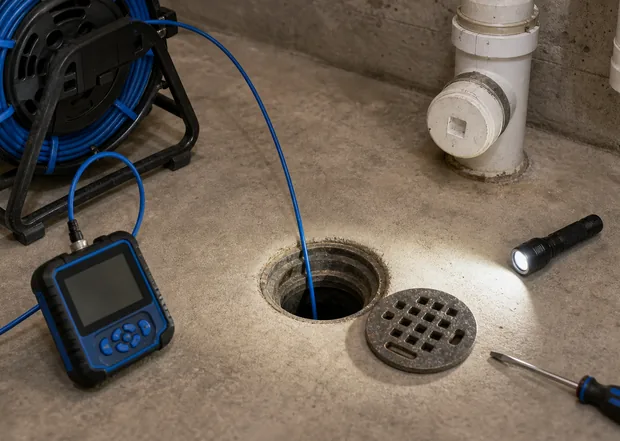 Basement floor drain and cleanout inspection tools used to diagnose sewer odour
