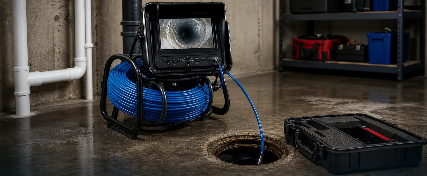 Sewer camera inspection equipment beside an open cleanout