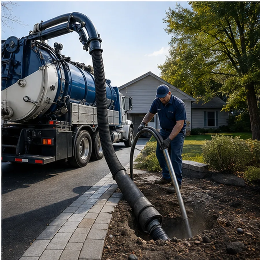 Hydro excavation vacuum truck hose working near a driveway