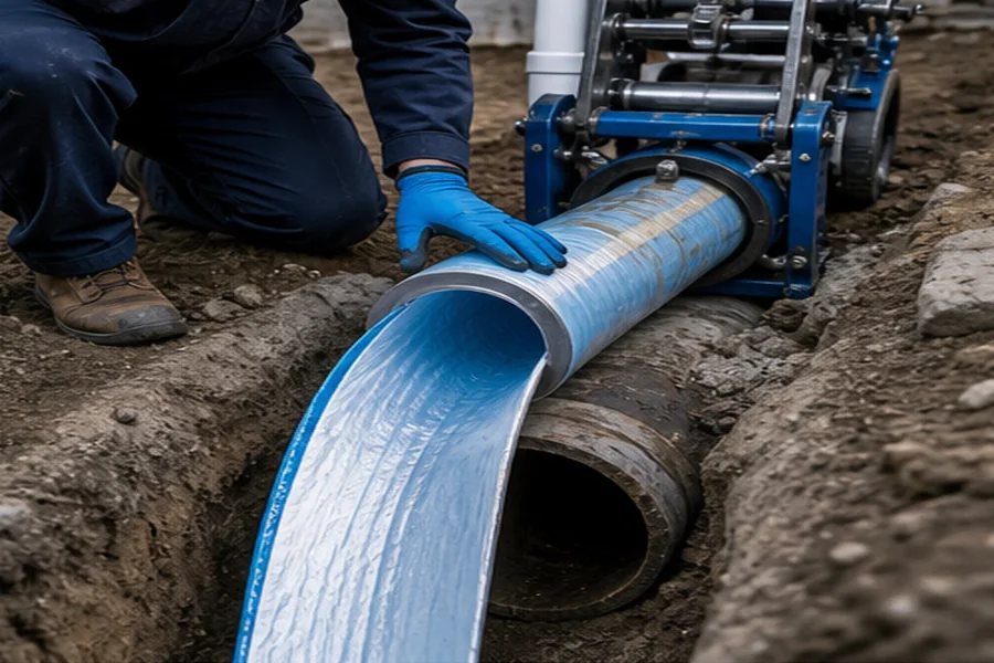 Trenchless pipe lining material being inserted into a sewer pipe
