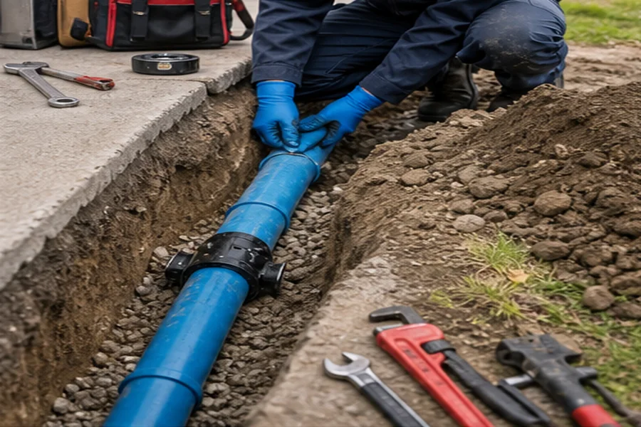 Water line repair in a neat shallow trench